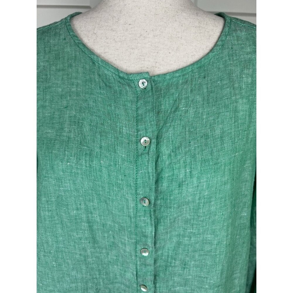 Tahari 100% Linen Tunic Top 1X Green Button Front Roll Tab Sleeve EUC - Picture 2 of 9